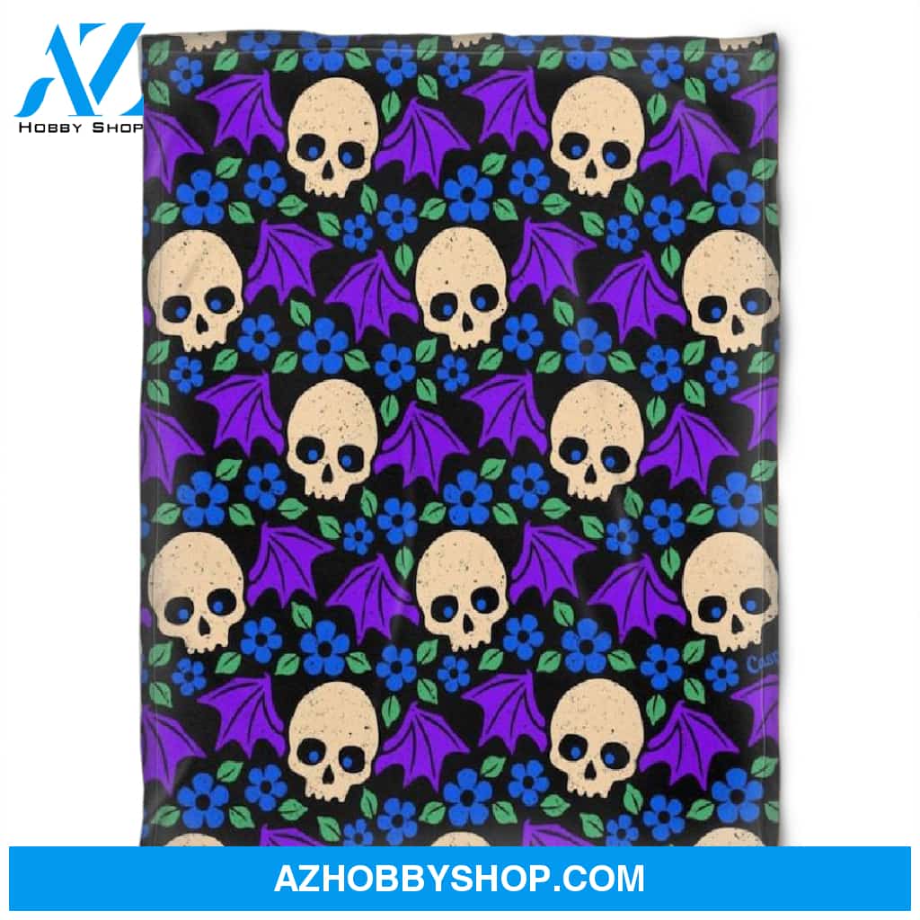 Halloween Skull And Purple Flower Fleece Blanket Halloween Adult Blanket, Pumpkins Emotions Halloween,Trick or Treat Home Decor Bedding Couch Sofa Soft And Comfy Cozy