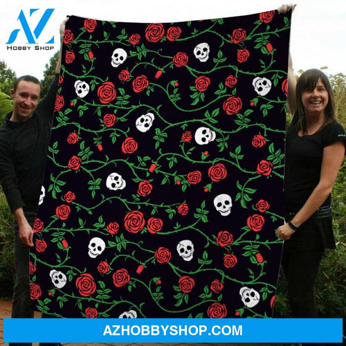 Halloween Skull Rose Flower Gift Fleece Blanket - Sherpa Blanket