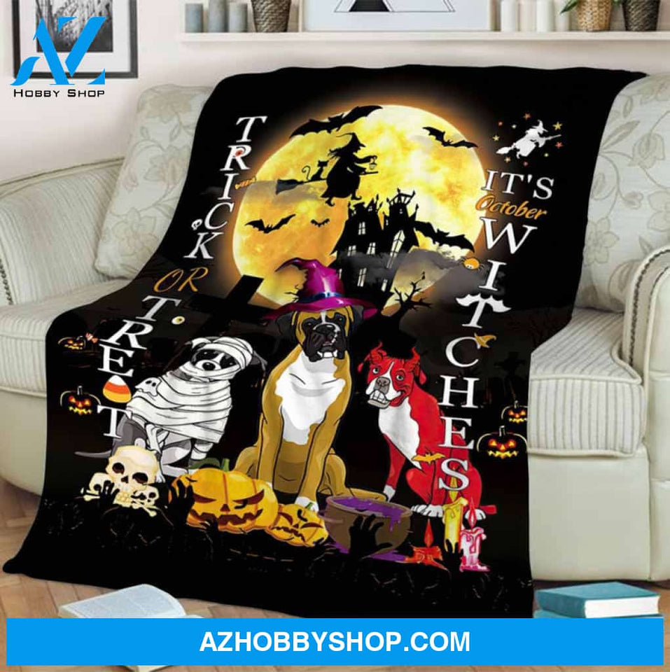 Halloween Trick Or Treat It's October Witches Fleece Blanket Gift For Family, Birthday, Halloween, Couple, Dog Lovers Gift Home Decor Bedding Couch Sofa Soft and Comfy