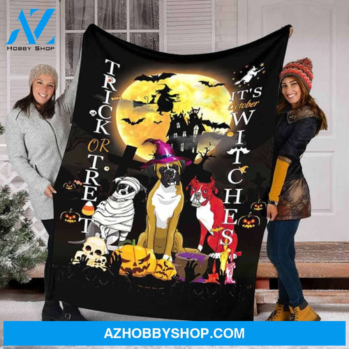 Halloween Trick Or Treat It's October Witches Fleece Blanket Gift For Family, Birthday, Halloween, Couple, Dog Lovers Gift Home Decor Bedding Couch Sofa Soft and Comfy