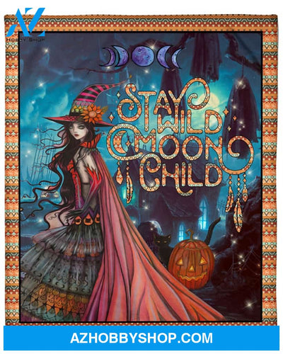 Halloween Witch Stay Wild Moon Child Fleece Blanket Gift For Family, Birthday, Parents, Halloween, Couple Gift Home Decor Bedding Couch Sofa Soft and Comfy