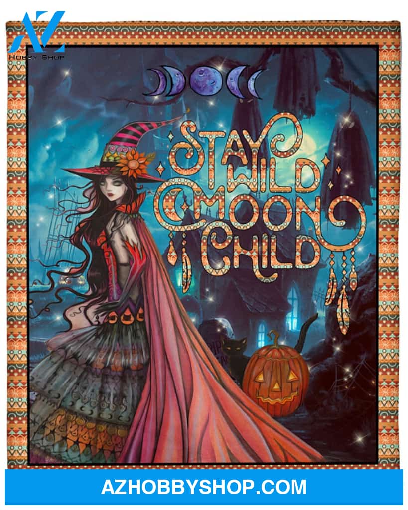 Halloween Witch Stay Wild Moon Child Fleece Blanket Gift For Family, Birthday, Parents, Halloween, Couple Gift Home Decor Bedding Couch Sofa Soft and Comfy