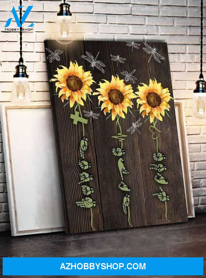 Hand Sign Jesus Heart Beat Love Sunflower Dragonflies Poster Canvas Poster Canvas Poster Canvas
