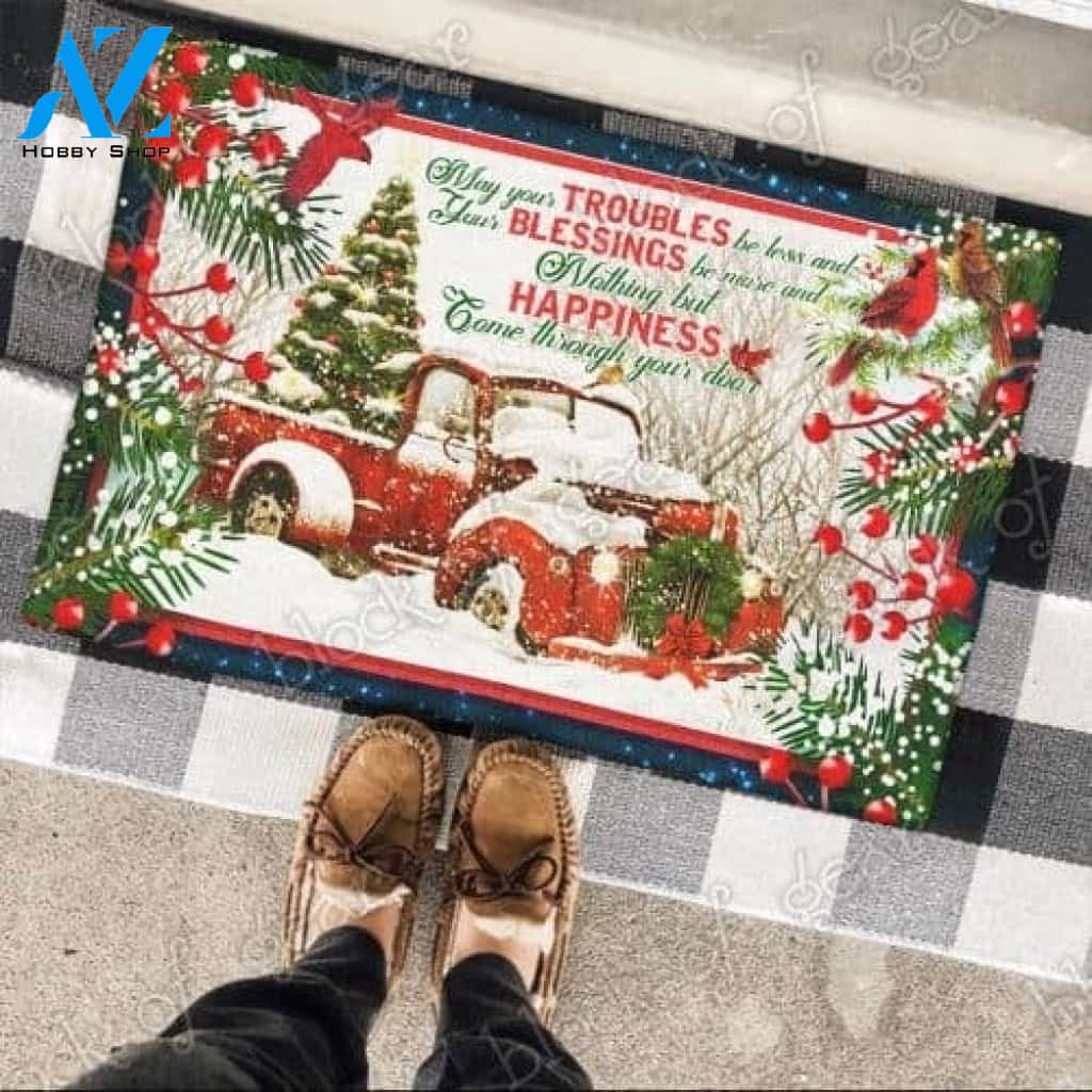 Happiness come through your door red truck christmas doormat