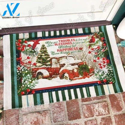 Happiness come through your door red truck christmas doormat