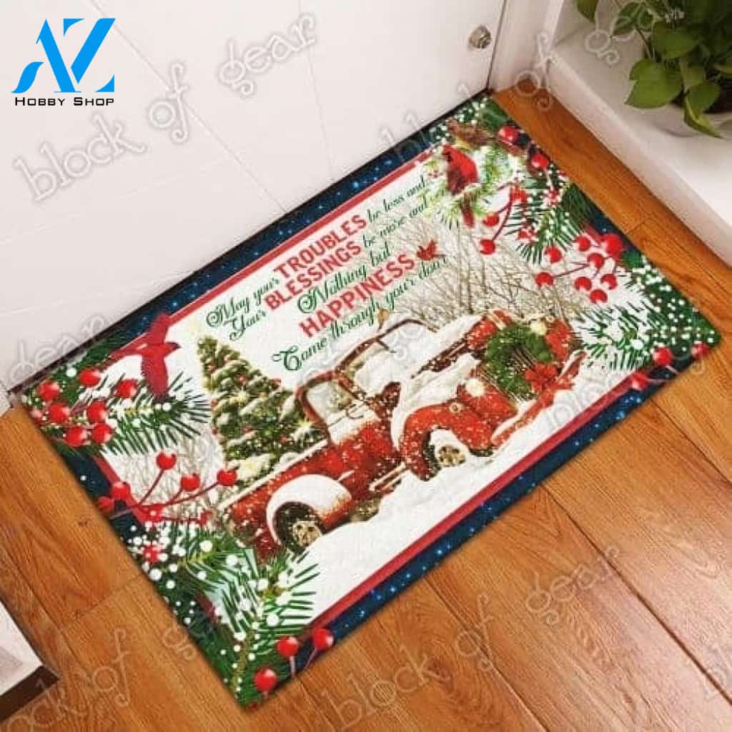 Happiness come through your door red truck christmas doormat