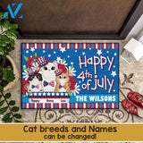 Happy 4th Of July Cute Cats Doormat, Personalized Doormat with Family Name, Custom Cat Doormat, Patriotic Doormat, Welcome Mat, Home Decor