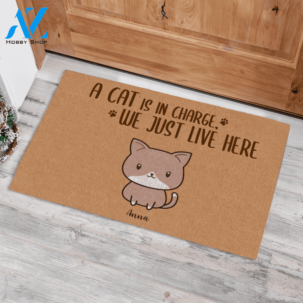 Happy Cat, The Cats Are In Charge, We Just Live Here Personalized Doormat HQ