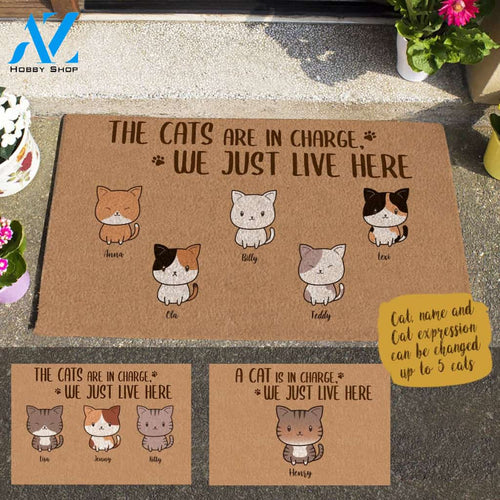 Happy Cat, The Cats Are In Charge, We Just Live Here Personalized Doormat HQ