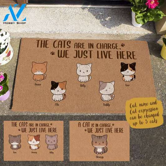 Happy Cat, The Cats Are In Charge, We Just Live Here Personalized Doormat HQ