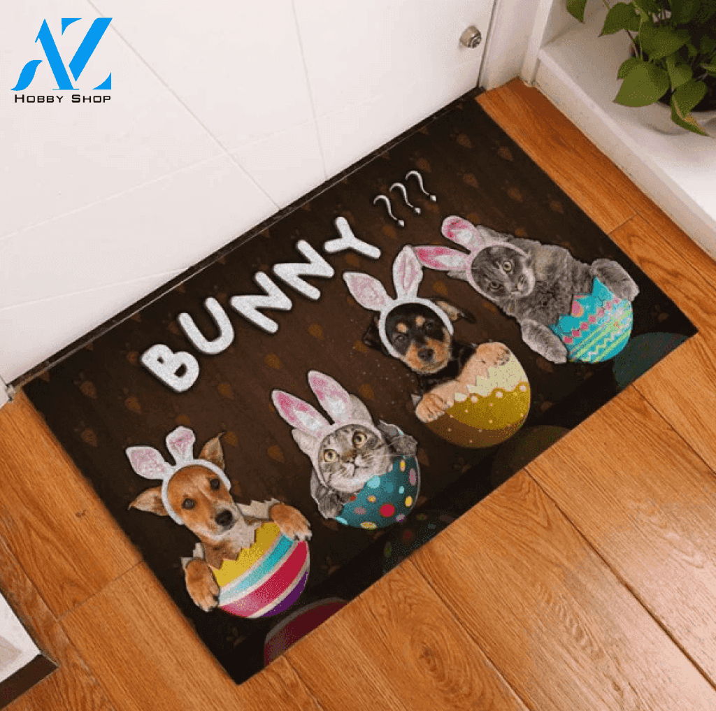 Happy Easter Cute Dog and Cat Bunny doormat #DH