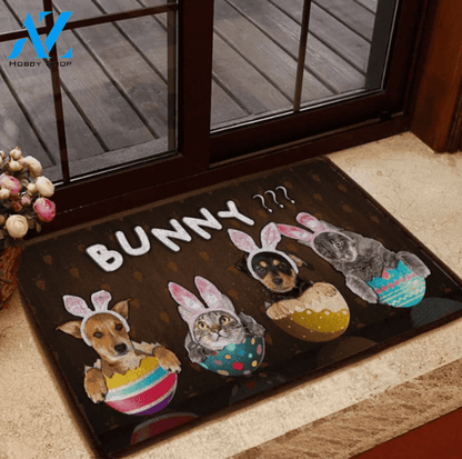 Happy Easter Cute Dog and Cat Bunny doormat #DH