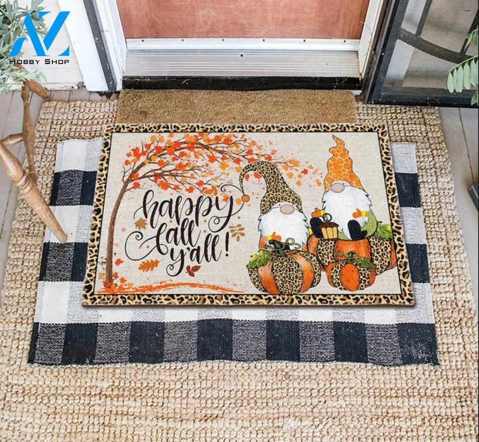 Happy Fall Y'all Doormat, Fall Gnomes Doormat, Leopard Print Pumpkins Doormat, Fall Doormat, Thanksgiving Doormat Gift For Friend Family Decor Warm House Gift Welcome Mat