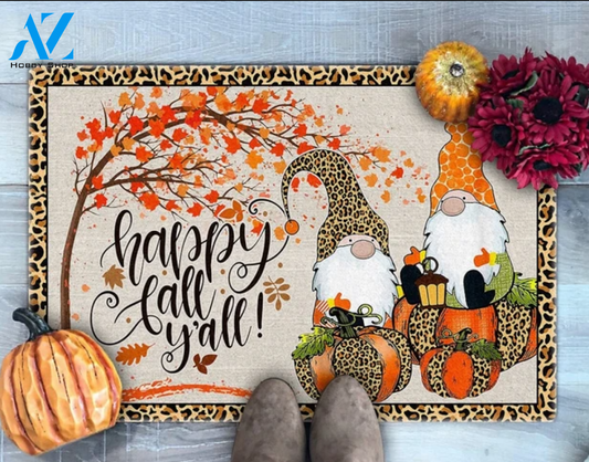Happy Fall Y'all Doormat, Fall Gnomes Doormat, Leopard Print Pumpkins Doormat, Fall Doormat, Thanksgiving Doormat Gift For Friend Family Decor Warm House Gift Welcome Mat