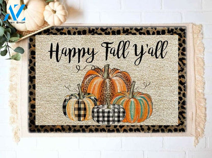 Happy Fall Y'all Leopard Print Pumpkins Thanksgiving Funny Doormat Gift For Friend Family Home Decor Warm House Gift Welcome Mat Halloween Decor