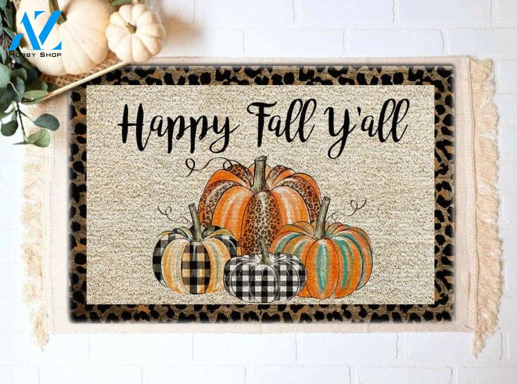 Happy Fall Y'all Leopard Print Pumpkins Thanksgiving Funny Doormat Gift For Friend Family Home Decor Warm House Gift Welcome Mat Halloween Decor