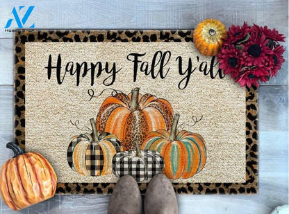 Happy Fall Y'all Leopard Print Pumpkins Thanksgiving Funny Doormat Gift For Friend Family Home Decor Warm House Gift Welcome Mat Halloween Decor