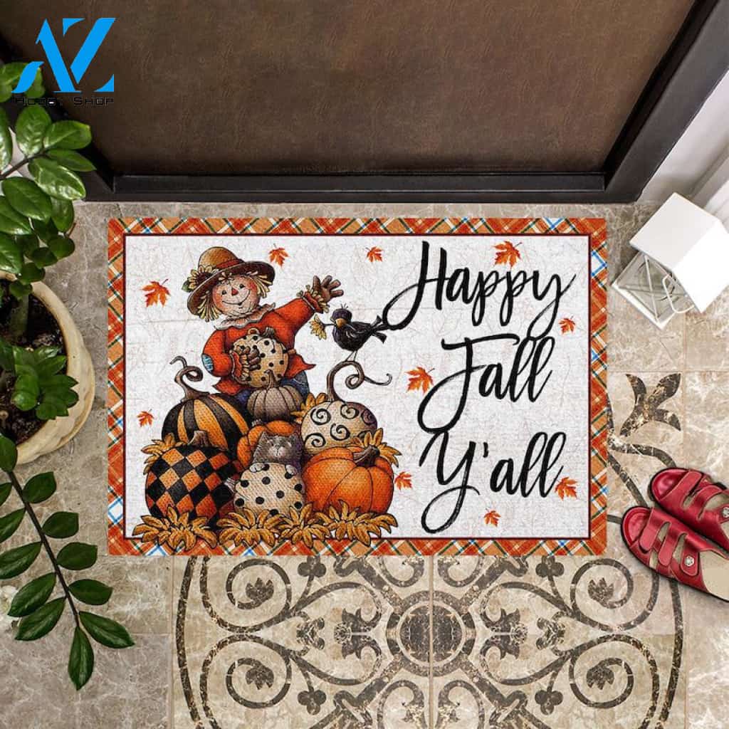 Happy Fall Y'all Scarecrow With Pumpkins Doormat Welcome Mat Housewarming Gift Home Decor Funny Doormat Gift For Thanksgiving Halloween Christmas
