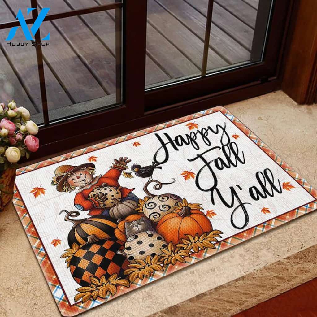 Happy Fall Y'all Scarecrow With Pumpkins Doormat Welcome Mat Housewarming Gift Home Decor Funny Doormat Gift For Thanksgiving Halloween Christmas