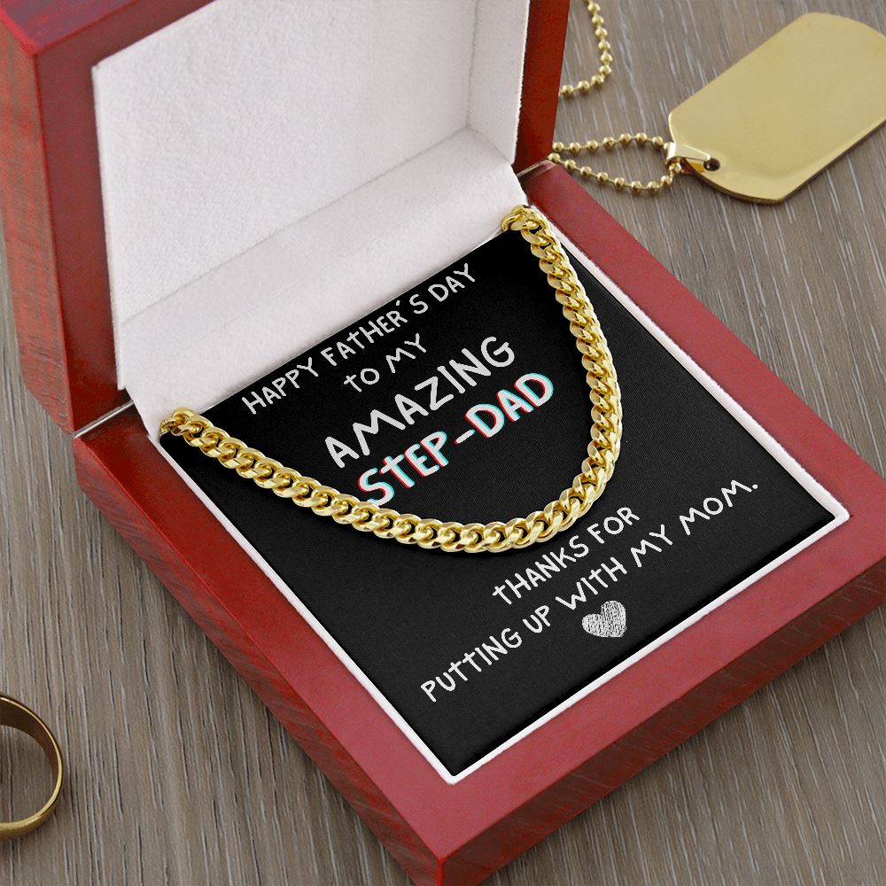 Happy Father's day To My Step Dad Necklace Gift. Cuban Link with Luxury Box from Step Daughter - Bonus Dad Father Gift LX128A