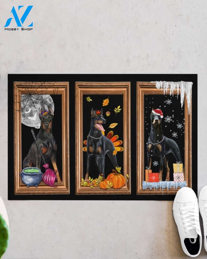 Happy Hallothanksmas - Doberman Indoor And Outdoor Doormat Gift For Halloween Thanksgiving Christmas Decor Warm House Gift Welcome Mat