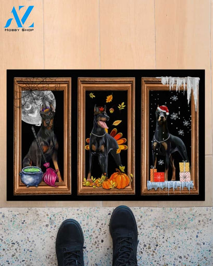 Happy Hallothanksmas - Doberman Indoor And Outdoor Doormat Gift For Halloween Thanksgiving Christmas Decor Warm House Gift Welcome Mat
