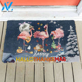 Happy Hallothanksmas Flamingo Funny Doormat Gift For Flamingo Lovers, Gift For Halloween Thanksgiving Christmas Home Decor Warm House Gift Welcome Mat