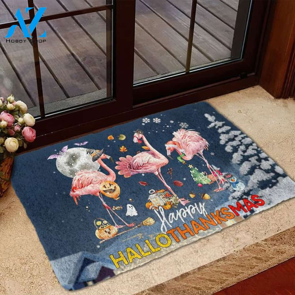 Happy Hallothanksmas Flamingo Funny Doormat Gift For Flamingo Lovers, Gift For Halloween Thanksgiving Christmas Home Decor Warm House Gift Welcome Mat