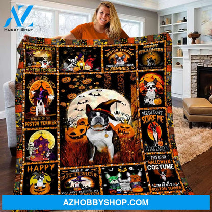 Happy Halloween Dog Witch Blanket, Fleece Blanket, My Boston Terrier Protects Me From Zombies,Gift Home Decor Bedding Couch Sofa Soft And Comfy Cozy