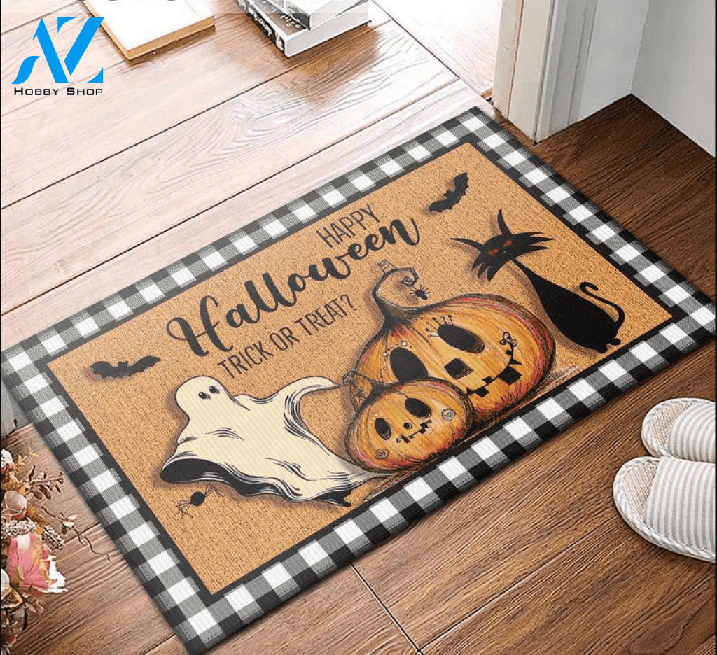 Happy Halloween Trick Or Treat Doormat Welcome Mat Housewarming Gift Home Decor Funny Doormat Gift For Cat Lovers Gift For Friend