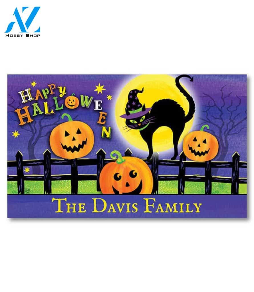 Happy Halloween Witch Cat Personalized Doormat - 18" x 30"