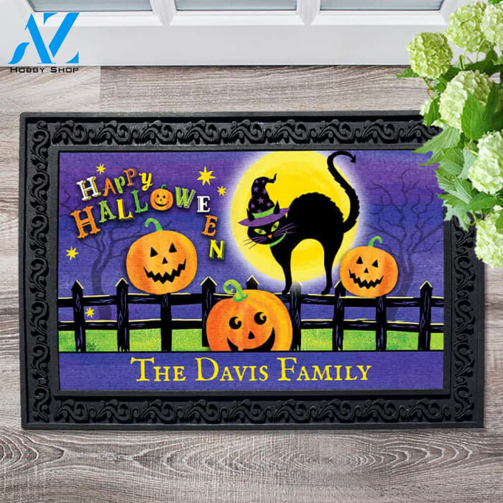 Happy Halloween Witch Cat Personalized Doormat - 18" x 30"