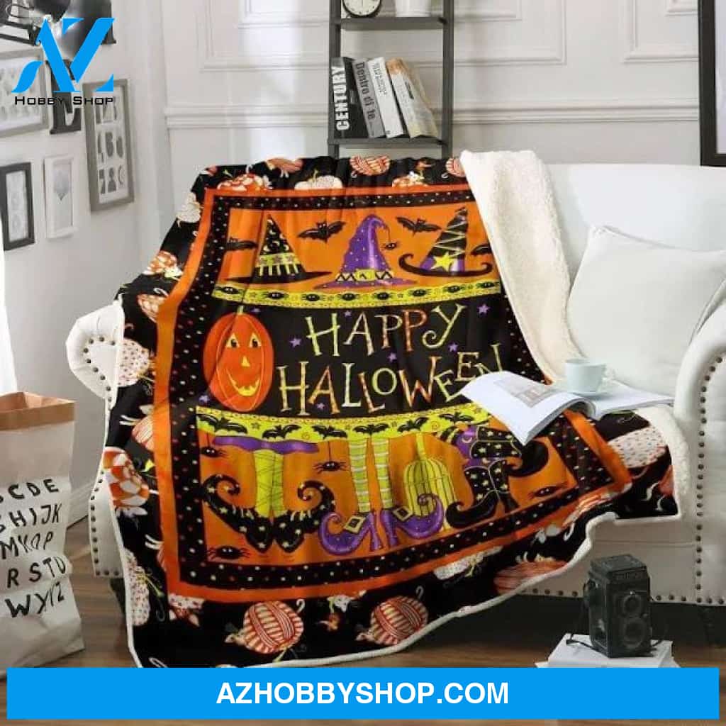 Happy Halloween Witch Hat Halloween Fleece Blanket Funny Halloween Gift, Halloween Decor