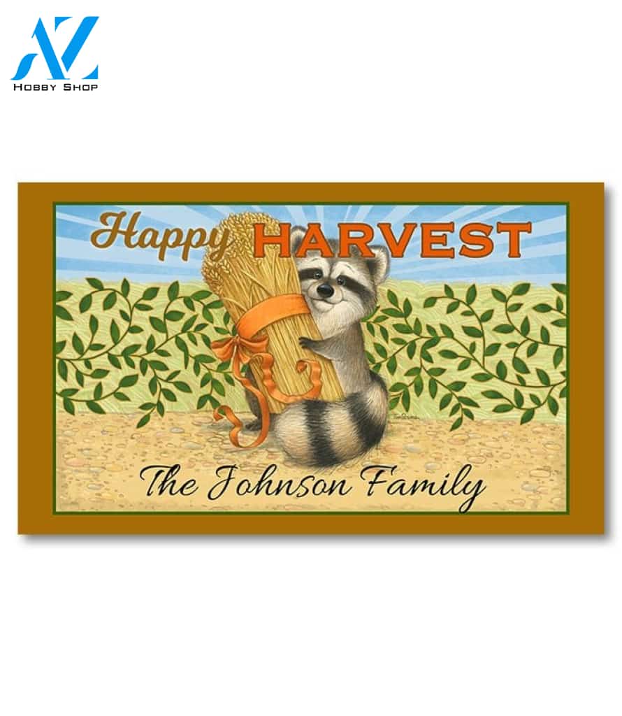 Happy Harvest Racoon Personalized Doormat - 18" x 30"