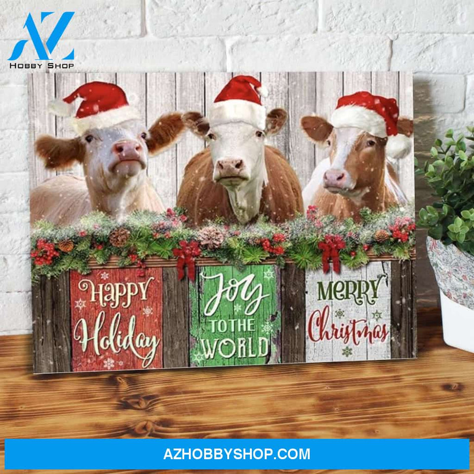 Happy Holiday Joy In The World Merry Christmas Cow Canvas Wall Art