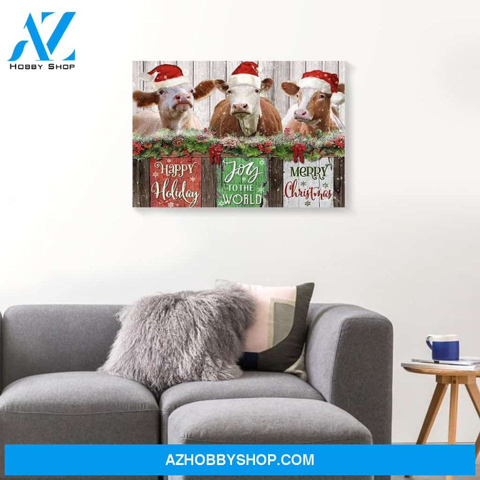 Happy Holiday Joy In The World Merry Christmas Cow Canvas Wall Art