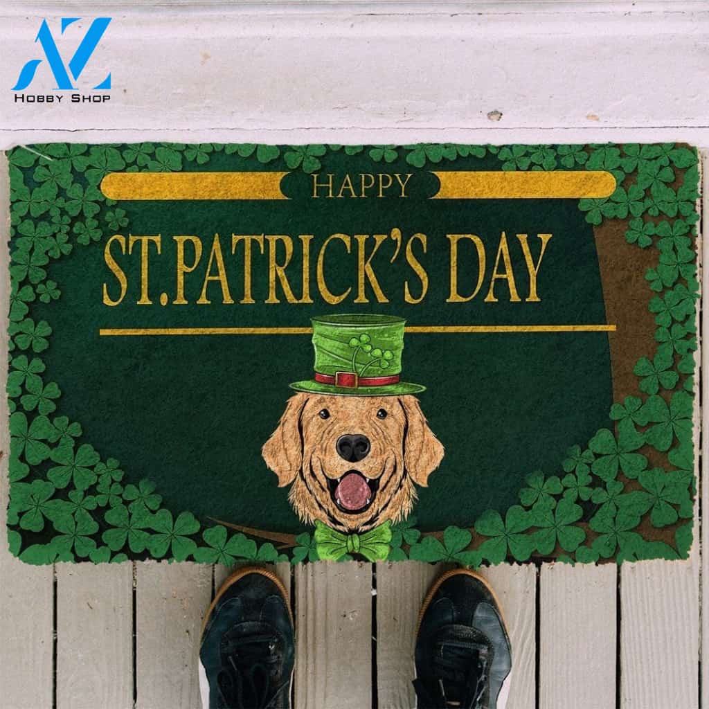 Gearhumans Gearhuman 3D Happy St Patrick Day Golden Retriever Custom Doormat