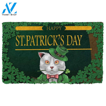 Gearhumans Gearhuman 3D Happy St Patrick Day White Cat Custom Doormat