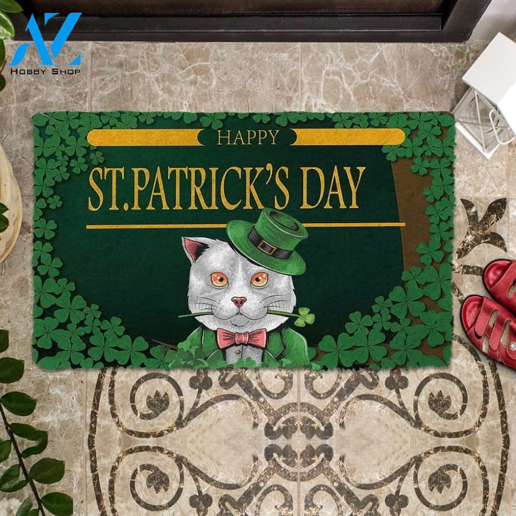 Gearhumans Gearhuman 3D Happy St Patrick Day White Cat Custom Doormat