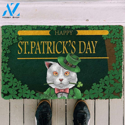 Gearhumans Gearhuman 3D Happy St Patrick Day White Cat Custom Doormat