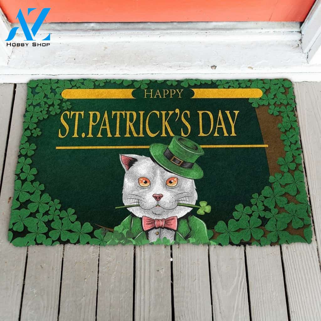 Gearhumans Gearhuman 3D Happy St Patrick Day White Cat Custom Doormat