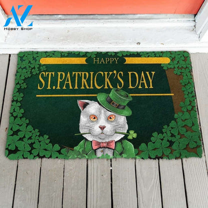 Gearhumans Gearhuman 3D Happy St Patrick Day White Cat Custom Doormat