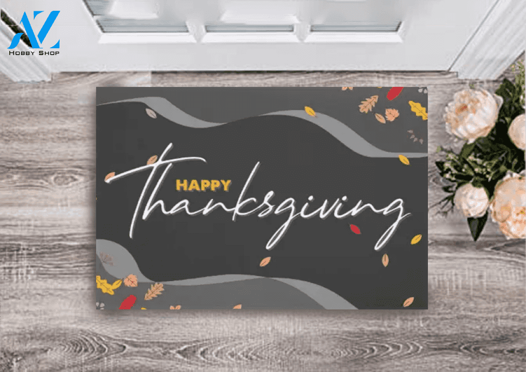 Happy Thanksgiving Day Black Background Doormat Indoor and Outdoor Mat Entrance Rug Sweet Home Decor Housewarming Gift for Friend Family