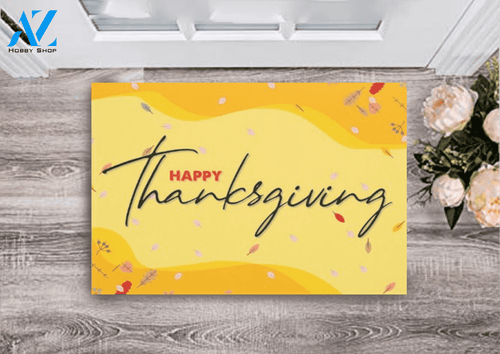 Happy Thanksgiving Day Yellow Background Doormat Indoor and Outdoor Mat Entrance Rug Sweet Home Decor Housewarming Gift for Friend Family