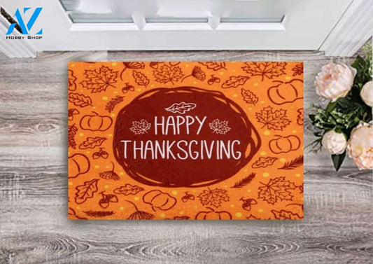 Happy Thanksgiving Orange Background Prited Pattern Floor Rug Indoor and Outdoor Mat Entrance Rug Sweet Home Decor Housewarming Gift for Friend Family