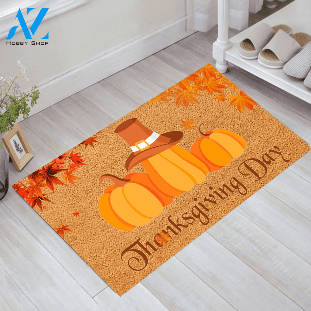 Happy Thanksgiving Pumpkin Wear Hat Doormat Door Mat Entrance Rug Home Carpet Indoor Outdoor Decor Funny Doormat Gift Idea