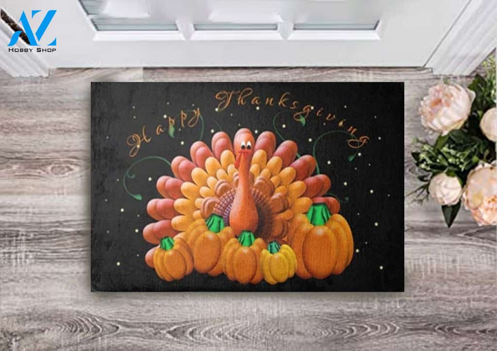 Happy Thanksgiving Turkey And Pumpkins Doormat Floor Rug Indoor and Outdoor Mat Entrance Rug Sweet Home Decor Housewarming, Gift For Friend Family