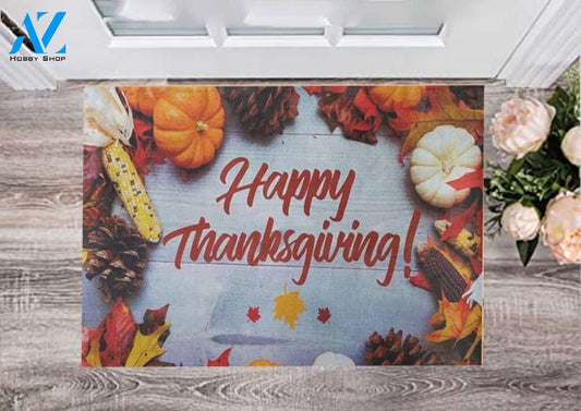 Happy Thanksgiving With Pumpkins And Leaves Doormat Welcome Mat Housewarming Home Decor Funny Doormat Gift Idea