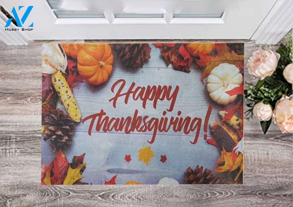 Happy Thanksgiving With Pumpkins And Leaves Doormat Welcome Mat Housewarming Home Decor Funny Doormat Gift Idea