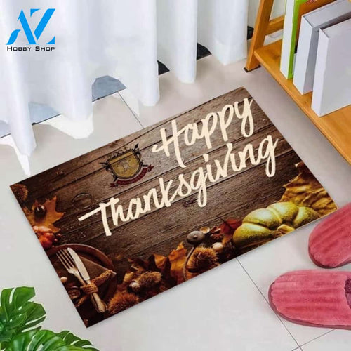 Happy Thanksgiving With Wooden Background Doormat Welcome Mat Housewarming Gift Home Decor Funny Doormat Gift Idea